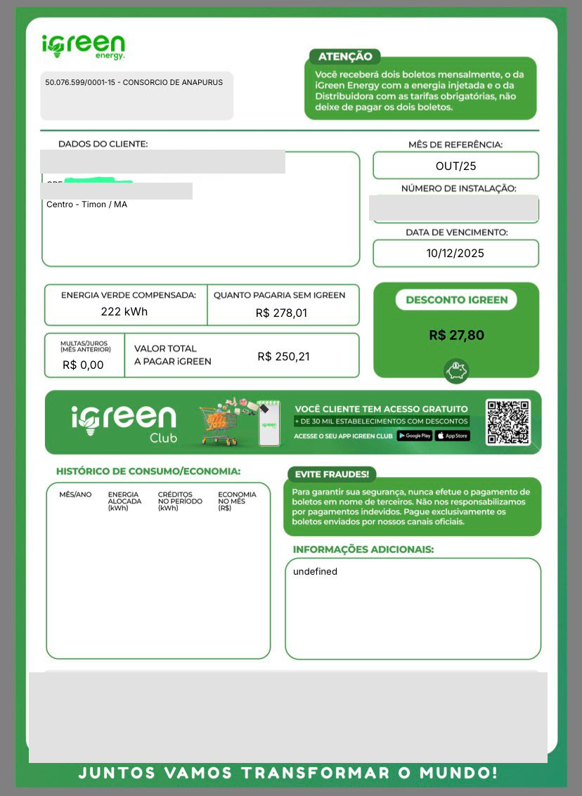 Conta real de cliente iGreen em Timon/MA com desconto aplicado